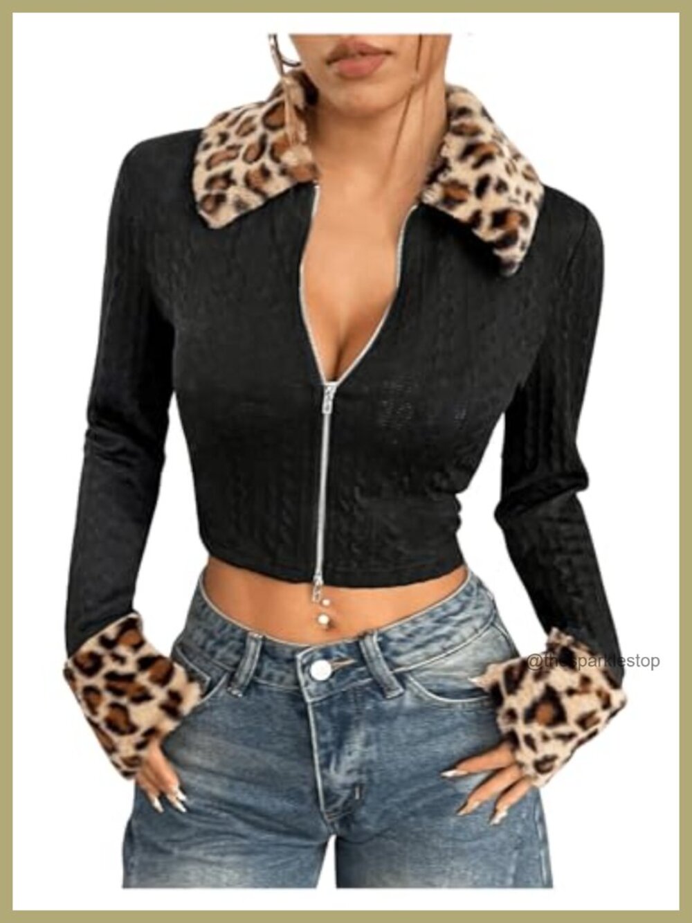 Women's Leopard Faux Fur Trim Crop Jacket Zip Front Y2K Clubwear